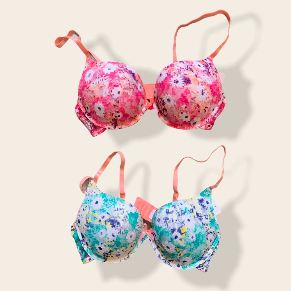 Push-Up Padded Bra 2 Piece Set Floral Lace Pink